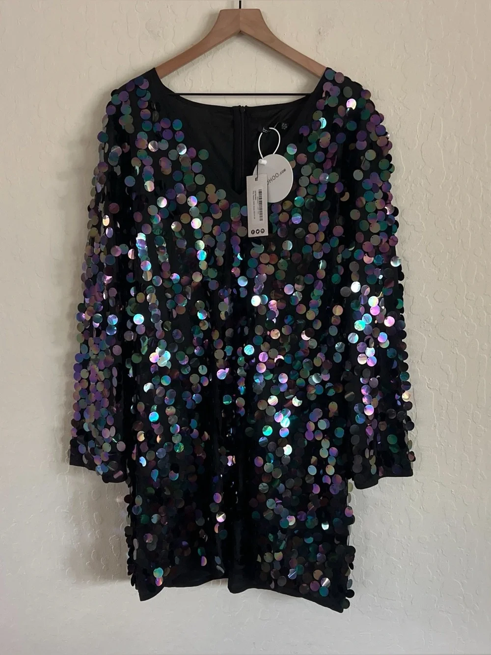 Boohoo Long Sleeve V-Neck Sequin Shift Dress US 20 Iridescent Disco Ball Party